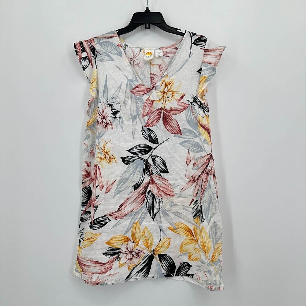 C&C California Linen Mini Dress‎ XL White Blue Mini Floral Flutter Sleeve Spring